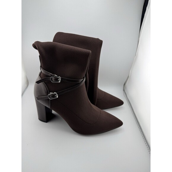 MOUSSE FIT Women's Strap Decor Heeled High Boots Brown 6.5 - Picture 7 of 12